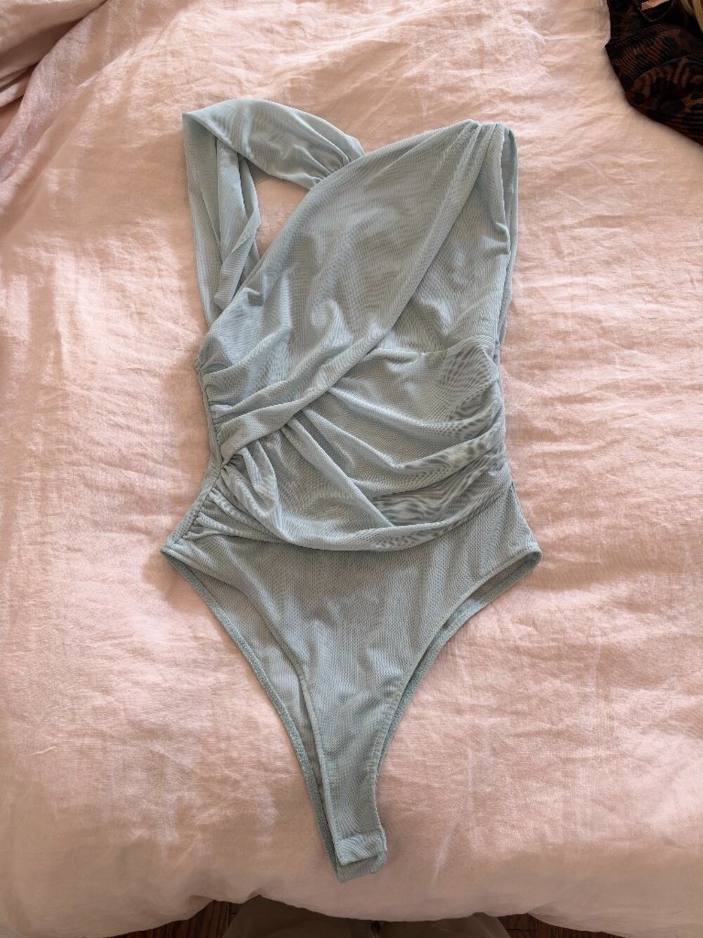 Zara Pale Blue Asymmetric Ruched Bodysuit Size Medium